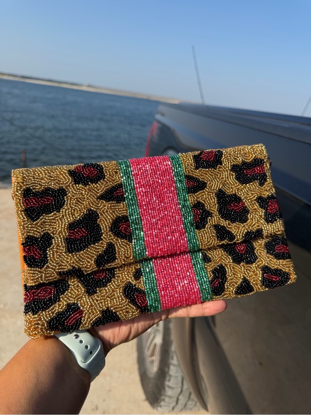 Leopard Beaded Clutch Red Green Stripe Statement Purse